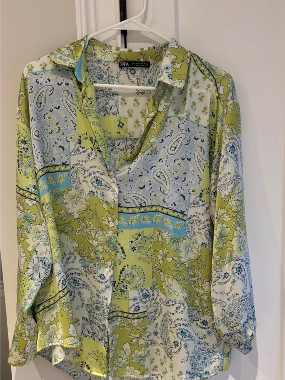 Zara Lime Green and Light Blue Paisley Patchwork Button-Down Shirt